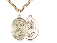 Gold Filled St. Christopher/Swimming Pendant, SG Heavy Curb Chain, Large Size Catholic Medal, 1" x 3/4"