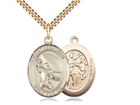 Gold Filled St. Sebastian / Football Pendant, SG Heavy Curb Chain, Large Size Catholic Medal, 1" x 3/4"