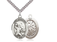 Sterling Silver St. Sebastian / Football Pendant, SN Heavy Curb Chain, Large Size Catholic Medal, 1" x 3/4"