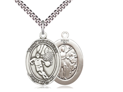 Sterling Silver St. Sebastian / Basketball Pendant, SN Heavy Curb Chain, Large Size Catholic Medal, 1" x 3/4"