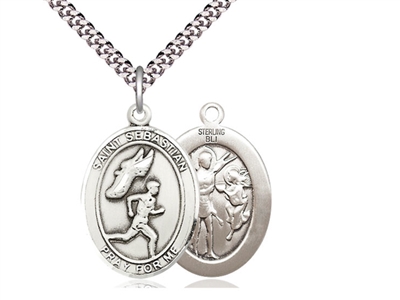 Sterling Silver St. Sebastian / Track & Field Pend, SN Heavy Curb Chain, Large Size Catholic Medal, 1" x 3/4"