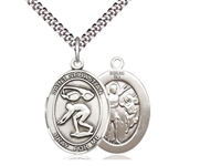 Sterling Silver St. Sebastian / Swimming Pendant, SN Heavy Curb Chain, Large Size Catholic Medal, 1" x 3/4"