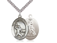Sterling Silver Guardian Angel/Football Pendant, SN Heavy Curb Chain, Large Size Catholic Medal, 1" x 3/4"