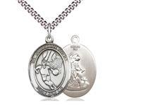 Sterling Silver Guardian Angel/Basketball Pendant, SN Heavy Curb Chain, Large Size Catholic Medal, 1" x 3/4"