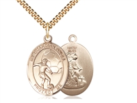 Gold Filled Guardian Angel/Soccer Pendant, SG Heavy Curb Chain, Large Size Catholic Medal, 1" x 3/4"