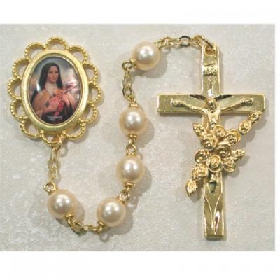 Saint Therese the Little Flower Pearl Bead Gold Rosary