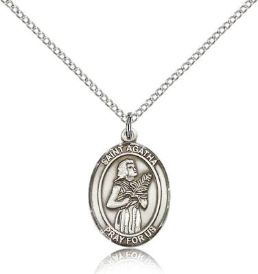 Sterling Silver St. Agatha Pendant, Sterling Silver Lite Curb Chain, Medium Size Catholic Medal, 3/4" x 1/2"