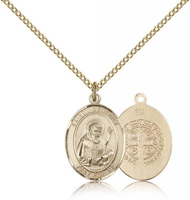 Gold Filled St. Benedict Pendant, Gold Filled Lite Curb Chain, Medium Size Catholic Medal, 3/4" x 1/2"