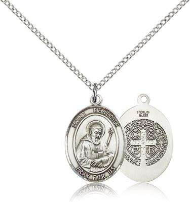 Sterling Silver St. Benedict Pendant, Sterling Silver Lite Curb Chain, Medium Size Catholic Medal, 3/4" x 1/2"