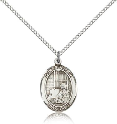 Sterling Silver St. Benjamin Pendant, Sterling Silver Lite Curb Chain, Medium Size Catholic Medal, 3/4" x 1/2"