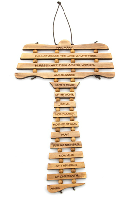Olive Wood Tau Wall Cross With The Hail Mary Prayer