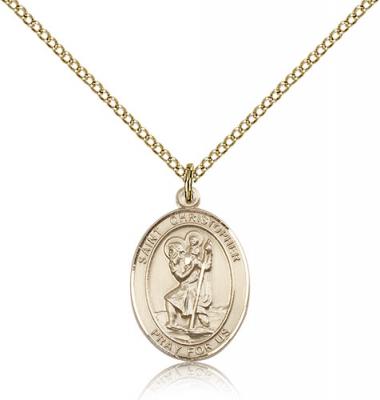 Gold Filled St. Christopher Pendant, Gold Filled Lite Curb Chain, Medium Size Catholic Medal, 3/4" x 1/2"