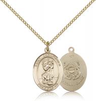 Gold Filled St. Christopher / Coast Guard Pendant, Gold Filled Lite Curb Chain, Medium Size Catholic Medal, 3/4" x 1/2"