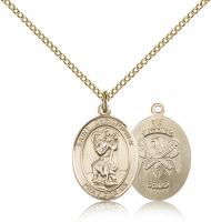 Gold Filled St. Christopher / Nat'l Guard Pendant, Gold Filled Lite Curb Chain, Medium Size Catholic Medal, 3/4" x 1/2"