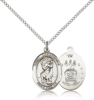 Sterling Silver St. Christopher / Air Force Pendan, Sterling Silver Lite Curb Chain, Medium Size Catholic Medal, 3/4" x 1/2"