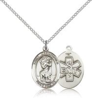 Sterling Silver St. Christopher / Emt Pendant, Sterling Silver Lite Curb Chain, Medium Size Catholic Medal, 3/4" x 1/2"