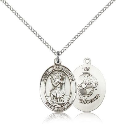 Sterling Silver St. Christopher / Marines Pendant, Sterling Silver Lite Curb Chain, Medium Size Catholic Medal, 3/4" x 1/2"