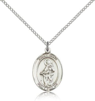 Sterling Silver St. Jane of Valois Pendant, Sterling Silver Lite Curb Chain, Medium Size Catholic Medal, 3/4" x 1/2"