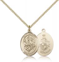 Gold Filled St. George / Marines Pendant, Gold Filled Lite Curb Chain, Medium Size Catholic Medal, 3/4" x 1/2"