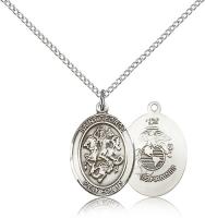 Sterling Silver St. George / Marines Pendant, Sterling Silver Lite Curb Chain, Medium Size Catholic Medal, 3/4" x 1/2"