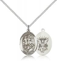 Sterling Silver St. George / Navy Pendant, Sterling Silver Lite Curb Chain, Medium Size Catholic Medal, 3/4" x 1/2"