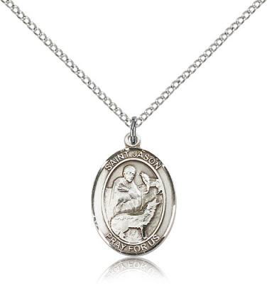 Sterling Silver St. Jason Pendant, Sterling Silver Lite Curb Chain, Medium Size Catholic Medal, 3/4" x 1/2"