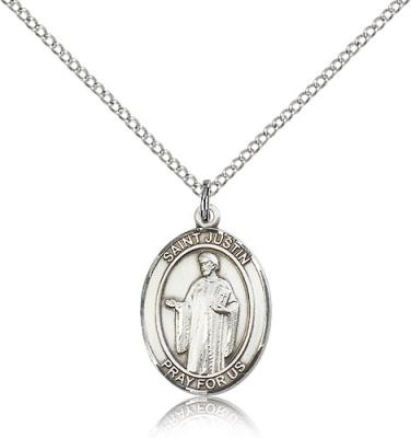 Sterling Silver St. Justin Pendant, Sterling Silver Lite Curb Chain, Medium Size Catholic Medal, 3/4" x 1/2"