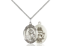 Sterling Silver St. Joan Of Arc / Navy Pendant, SS Lite Curb Chain, Medium Size Catholic Medal, 3/4" x 1/2"