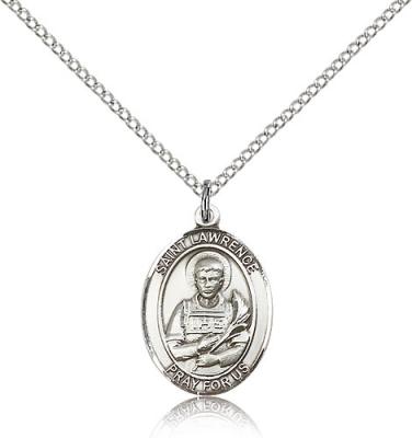 Sterling Silver St. Lawrence Pendant, Sterling Silver Lite Curb Chain, Medium Size Catholic Medal, 3/4" x 1/2"