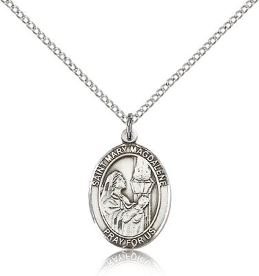 Sterling Silver St. Mary Magdalene Pendant, Sterling Silver Lite Curb Chain, Medium Size Catholic Medal, 3/4" x 1/2"