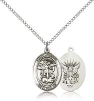 Sterling Silver St. Michael / Navy Pendant, Sterling Silver Lite Curb Chain, Medium Size Catholic Medal, 3/4" x 1/2"