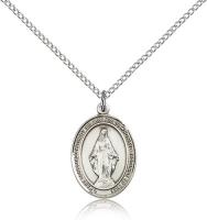 Sterling Silver Miraculous Pendant, Sterling Silver Lite Curb Chain, Medium Size Catholic Medal, 3/4" x 1/2"