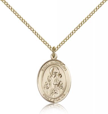 Gold Filled St. Nicholas Pendant, Gold Filled Lite Curb Chain, Medium Size Catholic Medal, 3/4" x 1/2"