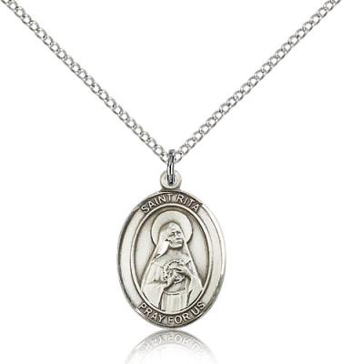 Sterling Silver St. Rita of Cascia Pendant, Sterling Silver Lite Curb Chain, Medium Size Catholic Medal, 3/4" x 1/2"
