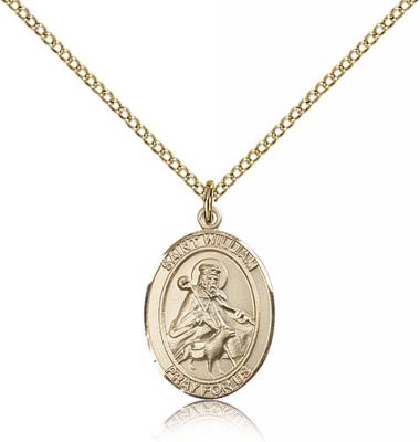 Gold Filled St. William of Rochester Pendant, Gold Filled Lite Curb Chain, Medium Size Catholic Medal, 3/4" x 1/2"