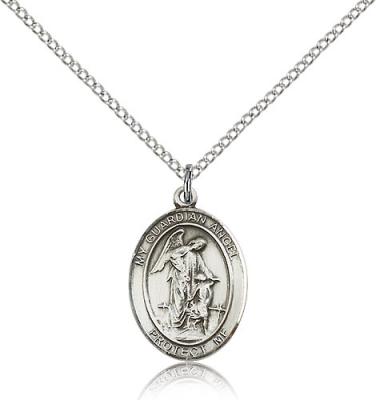 Sterling Silver Guardian Angel Pendant, Sterling Silver Lite Curb Chain, Medium Size Catholic Medal, 3/4" x 1/2"