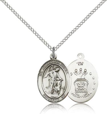 Sterling Silver Guardian Angel / Air Force Pendant, Sterling Silver Lite Curb Chain, Medium Size Catholic Medal, 3/4" x 1/2"