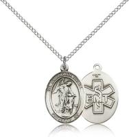 Sterling Silver Guardian Angel / Emt Pendant, Sterling Silver Lite Curb Chain, Medium Size Catholic Medal, 3/4" x 1/2"