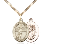 Gold Filled St. Christopher/Volleyball Pendant, Gold Filled Lite Curb Chain, Medium Size Catholic Medal, 3/4" x 1/2"