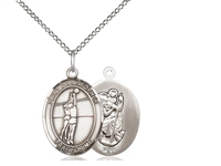 Sterling Silver St. Christopher/Volleyball Pendant, Sterling Silver Lite Curb Chain, Medium Size Catholic Medal, 3/4" x 1/2"