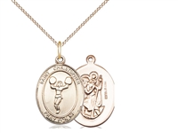 Gold Filled St. Christopher/Cheerleading Pendant, GF Lite Curb Chain, Medium Size Catholic Medal, 3/4" x 1/2"