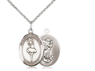 Sterling Silver St. Christopher/Dance Pendant, Sterling Silver Lite Curb Chain, Medium Size Catholic Medal, 3/4" x 1/2"