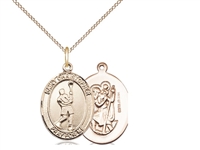 Gold Filled St. Christopher/Lacrosse Pendant, GF Lite Curb Chain, Medium Size Catholic Medal, 3/4" x 1/2"
