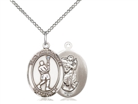 Sterling Silver St. Christopher/Lacrosse Pendant, Sterling Silver Lite Curb Chain, Medium Size Catholic Medal, 3/4" x 1/2"