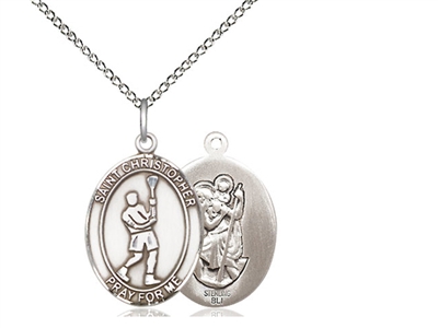 Sterling Silver St. Christopher/Lacrosse Pendant, Sterling Silver Lite Curb Chain, Medium Size Catholic Medal, 3/4" x 1/2"