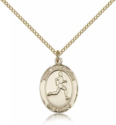 Gold Filled St. Christopher/Track & Field Pendant, GF Lite Curb Chain, Medium Size Catholic Medal, 3/4" x 1/2"