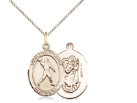 Gold Filled St. Christopher/Football Pendant, Gold Filled Lite Curb Chain, Medium Size Catholic Medal, 3/4" x 1/2"