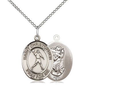 Sterling Silver St. Christopher/Football Pendant, Sterling Silver Lite Curb Chain, Medium Size Catholic Medal, 3/4" x 1/2"