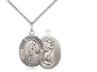 Sterling Silver St. Christopher/Basketball Pendant, Sterling Silver Lite Curb Chain, Medium Size Catholic Medal, 3/4" x 1/2"