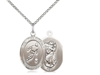 Sterling Silver St. Christopher/Soccer Pendant, Sterling Silver Lite Curb Chain, Medium Size Catholic Medal, 3/4" x 1/2"